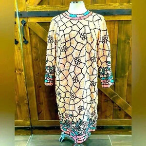 Vintage 60s Hand Sequined Beaded Stained Glass Dress Hong Kong Size 16